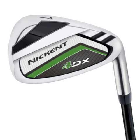 A close-up of a Nickent 4DX 2025 Men's Package Set left-handed golf iron club head, showing the silver, black, and green design with "Nickent" and "4DX" branding clearly visible.
