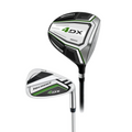 Two left-handed Nickent 4DX 2025 men's golf clubs—one driver and one iron—in metallic silver, black, green, and white, displayed on a white background.