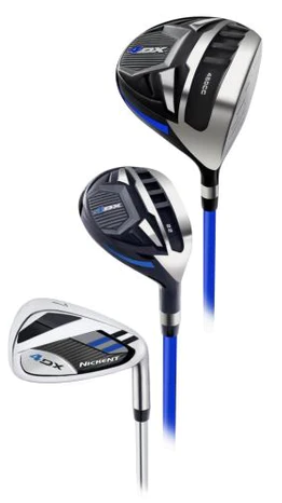 The Nickent 4DX Mens Package Set - Navy - Stiff plus 1 inch features a driver, fairway wood, and iron from Nickent, each with blue shafts and stylish black, silver, and blue accents—perfect for golf enthusiasts.