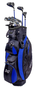 The Nickent 4DX Mens Package Set - Navy - Stiff plus 1 inch features a stylish golf bag with several clubs, multiple zippered pockets, and a water bottle holder—your complete Nickent set for the course.