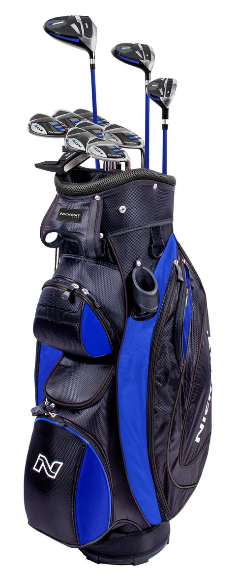 The Nickent 4DX Mens Package Set - Navy - Stiff plus 1 inch features a stylish golf bag with several clubs, multiple zippered pockets, and a water bottle holder—your complete Nickent set for the course.