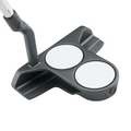 The Odyssey 2025 DFX 2-Ball Blade CH Putter by Odyssey features a black head, soft DFX insert, and signature two white circles for the 2-ball alignment system, seen from above at an angle.