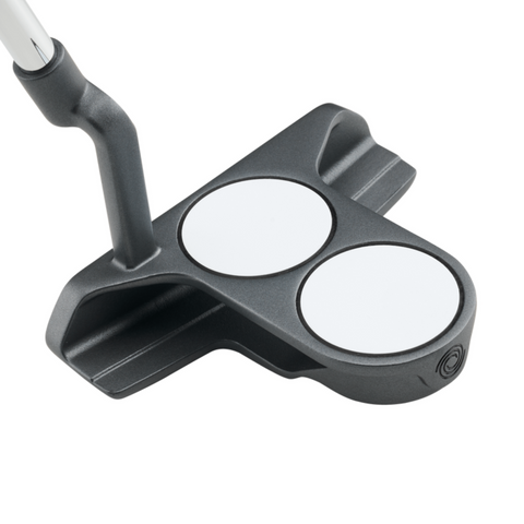 The Odyssey 2025 DFX 2-Ball Blade CH Putter by Odyssey features a black head, soft DFX insert, and signature two white circles for the 2-ball alignment system, seen from above at an angle.