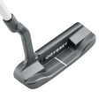 A close-up of the Odyssey 2025 DFX One CH Putter shows the Odyssey brand, a soft DFX insert, and a white alignment line on this premium gray blade putter head.