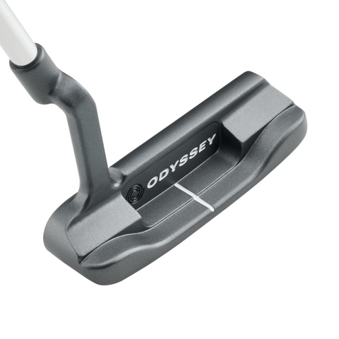 A close-up of the Odyssey 2025 DFX One CH Putter shows the Odyssey brand, a soft DFX insert, and a white alignment line on this premium gray blade putter head.