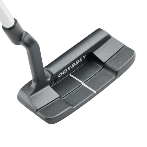A close-up of the Odyssey 2025 DFX One Wide CH Putter shows its black wide blade head with a soft DFX insert, a white alignment line, and Odyssey printed on the back.