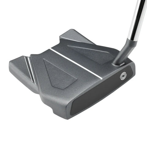 A close-up of the Odyssey 2025 DFX Ten S Putter by Odyssey shows its high-MOI mallet design, metallic gray finish, geometric shapes, white alignment lines, soft DFX insert on the black face, and an angled shaft.