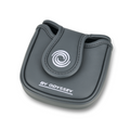 A gray leather pouch with a flap closure, featuring a white spiral logo and BY ODYSSEY text—ideal for your Odyssey 2025 DFX Ten S Putter | Left Handed or other left-handed Odyssey putters.