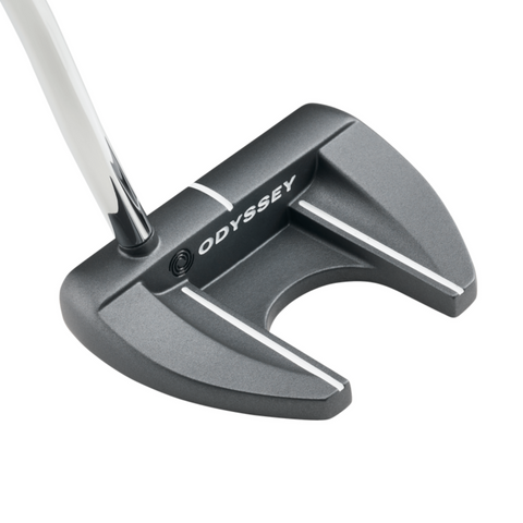 The Odyssey 2025 DFX V-Line Fang DB Putter by Odyssey features a black and silver mallet-shaped head, white alignment lines, the Odyssey logo on top, and a soft DFX insert for better feel in this stable putter.