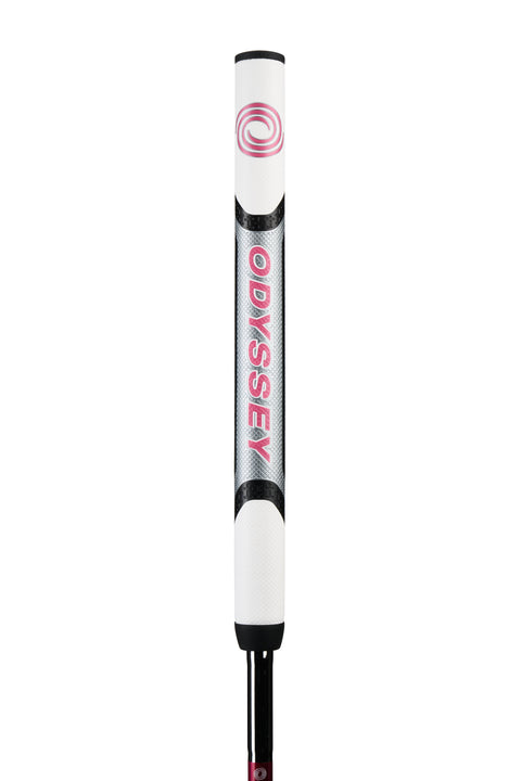 The Odyssey Womens Chipper grip is white and black, designed for the 2025 model with ODYSSEY in pink letters and a pink logo on top—a stylish short-game choice for women golfers.