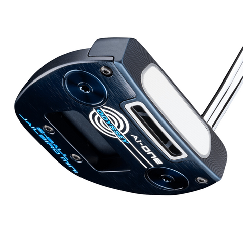 Close-up of the Odyssey Ai-ONE 2-Ball Jailbird Mini DB Putter head, featuring a metallic blue finish, signature 2-ball alignment, bold Odyssey branding, detailed accents, and a distinctive white face insert.