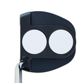 A close-up of the Odyssey Ai-ONE 2-Ball Jailbird Mini DB Putter by Odyssey, featuring a black head with two white circular alignment guides, viewed from above on a white background.