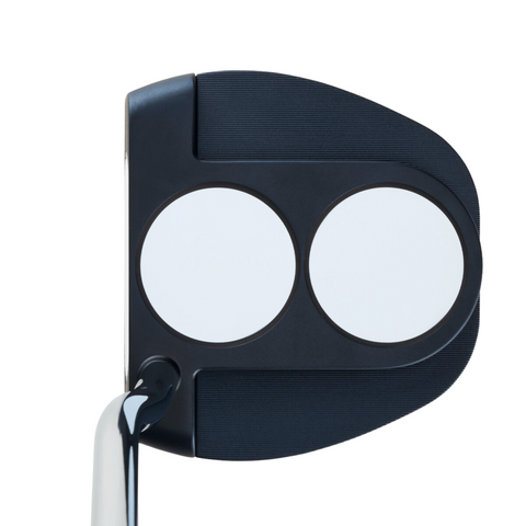 A close-up of the Odyssey Ai-ONE 2-Ball Jailbird Mini DB Putter by Odyssey, featuring a black head with two white circular alignment guides, viewed from above on a white background.