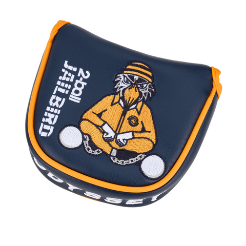 This navy and orange Odyssey headcover features an embroidered cartoon bird in prison attire with 2 Ball Jailbird text—ideal for fans of the compact Odyssey Ai-ONE 2-Ball Jailbird Mini DB Putter.