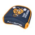 A navy and orange headcover with cartoon art of a crowned king, two golf balls, and 2ball Jailbird plus AI-ONE text, made to match your Odyssey Ai-ONE 2-Ball Jailbird Mini DB Putter by Odyssey.