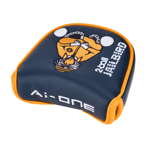 A navy and orange headcover with cartoon art of a crowned king, two golf balls, and 2ball Jailbird plus AI-ONE text, made to match your Odyssey Ai-ONE 2-Ball Jailbird Mini DB Putter by Odyssey.