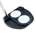 Close-up of the Odyssey Ai-ONE 2-Ball Jailbird Mini DB Putter head, featuring two large white alignment circles for precise aim. The angled shaft connects at the upper left, showcasing Odysseys compact design for improved putting accuracy.