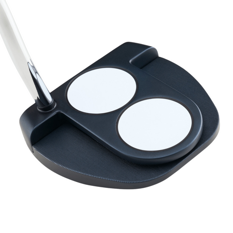 Close-up of the Odyssey Ai-ONE 2-Ball Jailbird Mini DB Putter head, featuring two large white alignment circles for precise aim. The angled shaft connects at the upper left, showcasing Odysseys compact design for improved putting accuracy.