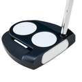 A close-up of the Odyssey Ai-ONE CRUISER Jailbird 2-Ball DB Putter by Odyssey, highlighting its black and silver finish, 2-Ball Alignment circles on top, and a sleek metallic shaft.
