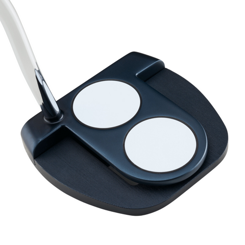 A close-up of the Odyssey Ai-ONE CRUISER Jailbird 2-Ball DB Putter by Odyssey, featuring a black head and two large white 2-Ball Alignment circles on top, shown against a white background.