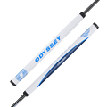 Two views of the Odyssey Ai-ONE Cruiser Jailbird Versa DB OS Putter | 38" grip in white with blue ODYSSEY lettering, swirl accents, and CRUISER label—ideal for fans of the Odyssey brand and AI-inspired golf technology.