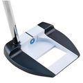 A close-up of the Odyssey Ai-ONE Cruiser Jailbird Versa DB OS Putter by Odyssey shows its black and white head, blue spiral logo at the center, and a rectangular cutout toward the back.