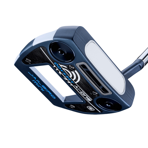 A close-up of the Callaway Odyssey Ai-ONE Jailbird Mini Slant Putter highlights its black, silver, and blue accents, textured face with Ai face technology, and prominent branding on the club head.