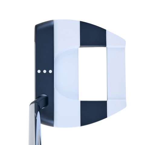 The Callaway Odyssey Ai-ONE Jailbird Mini Slant Putter features a black and white striped design, rectangular center cutout, three white alignment dots on top, Versa Alignment Technology, and a shaft attached at the lower left.