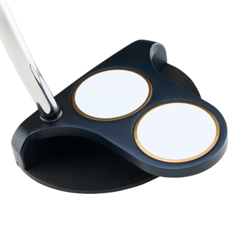 A close-up of the Odyssey Ai-ONE Milled 2-Ball T DB Putter head by Odyssey, showcasing two white alignment circles outlined in gold, a dark metallic finish, precision-milled face, and a white shaft.
