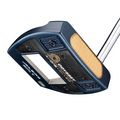 A close-up of the Callaway Odyssey Ai-ONE Milled Jailbird Mini T Versa 90 DB Putter, showing its blue and metallic finish, Ai-designed milled face, Versa 90 alignment, and textured tan grip.