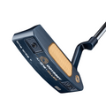 A close-up of the Odyssey Ai-ONE Milled One Wide T CH Putter by Odyssey shows its dark blue finish, gold face insert, branded logos, and the model name displayed on the wide blade head.