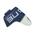 This blue and white leather headcover, with bold ODYSSEY and MILLED lettering, fits your Odyssey Ai-ONE Milled One Wide T CH Putter. It features a stitched design and secure Velcro closure.