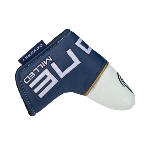 This blue and white leather headcover, with bold ODYSSEY and MILLED lettering, fits your Odyssey Ai-ONE Milled One Wide T CH Putter. It features a stitched design and secure Velcro closure.