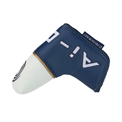 A blue and white headcover featuring large white A-I letters and a PUTTER NO 001 tag, designed to fit the Odyssey Ai-ONE Milled One Wide T CH Putter or similar wide blade milled face putters by Odyssey.