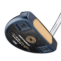 Close-up of an Odyssey Ai-ONE Milled Rossie V T DB Putter head by Odyssey, featuring a black and blue finish, gold face insert, and detailed sole branding designed for enhanced forgiveness.
