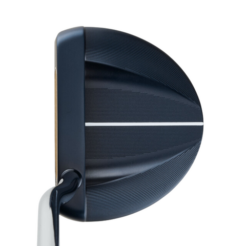 A close-up, top-down view of the Odyssey Ai-ONE Milled Rossie V T DB Putter by Odyssey shows its dark mallet head, white center alignment line, and metallic shaft—highlighting a style renowned for forgiveness.
