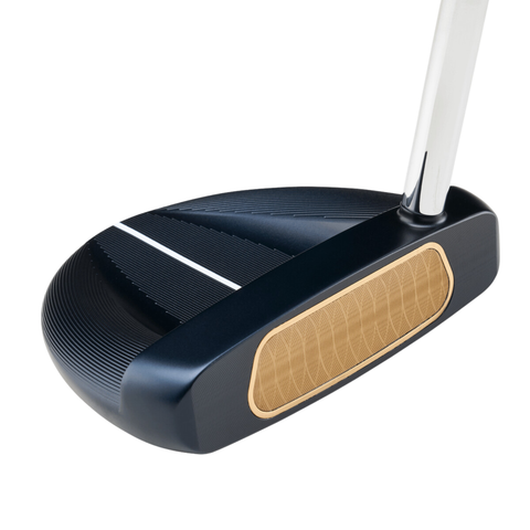 Close-up of the Odyssey Ai-ONE Milled Rossie V T DB Putter by Odyssey, featuring a black mallet head, white alignment line, textured grooves, beige striking face, and an angled chrome shaft for added stability and forgiveness.