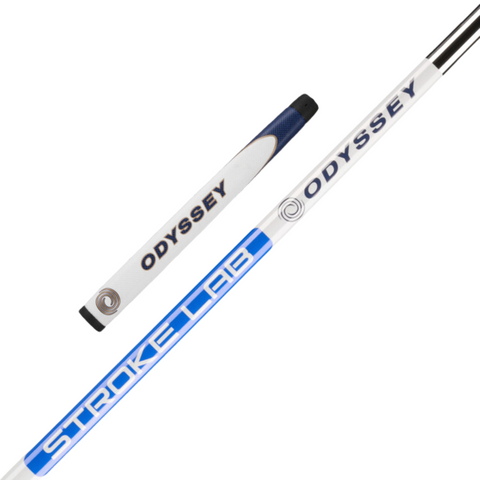 Close-up of the Odyssey Ai-ONE Milled Rossie V T DB Putter, showcasing its white ODYSSEY-branded grip and blue-and-white STROKE LAB shaft, highlighting the forgiveness typical of this Odyssey model.