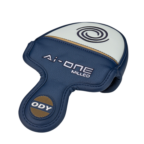 A navy blue and white Odyssey Ai-ONE Milled Rossie V T DB Putter headcover by Odyssey, featuring AI-ONE MILLED and ODY text plus a spiral logo, displayed on a white background.