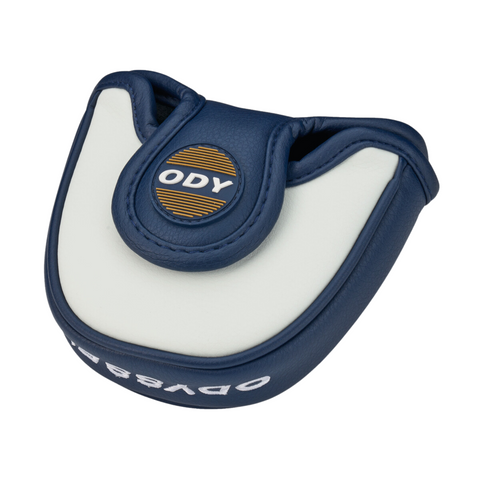 A blue and white leather headcover featuring an ODY patch, ideal for your Odyssey Ai-ONE Milled Rossie V T DB Putter—combining style and protection for top performance on the green.