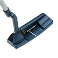 Close-up of an Odyssey Ai-ONE Milled Two-T CH Putter club head by Odyssey, featuring a matte black finish, white alignment line, and round gold insert.