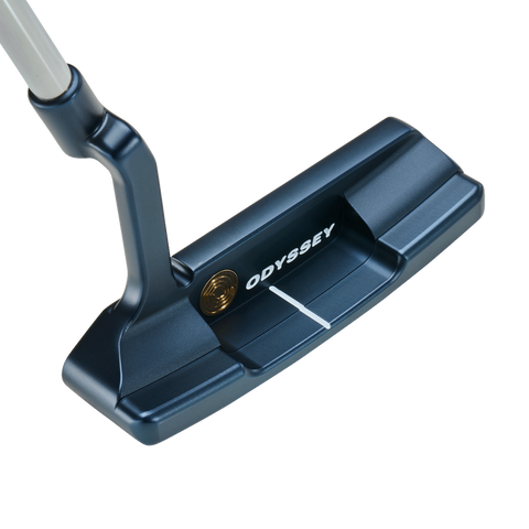 Close-up of an Odyssey Ai-ONE Milled Two-T CH Putter club head by Odyssey, featuring a matte black finish, white alignment line, and round gold insert.