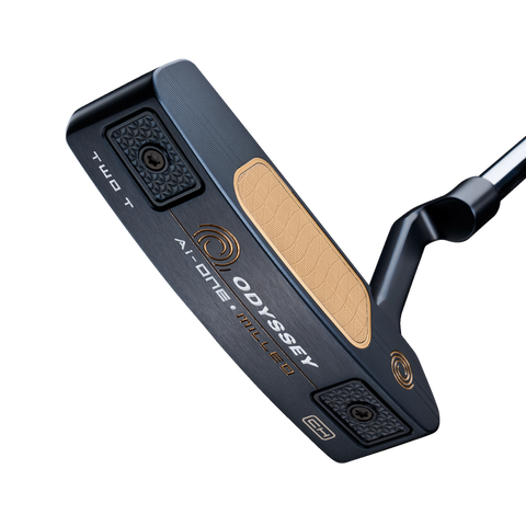 Close-up of the Odyssey Ai-ONE Milled Two-T CH Putter by Odyssey, showcasing its black and bronze finish, milled face, and labeled heel and toe weights for added forgiveness.