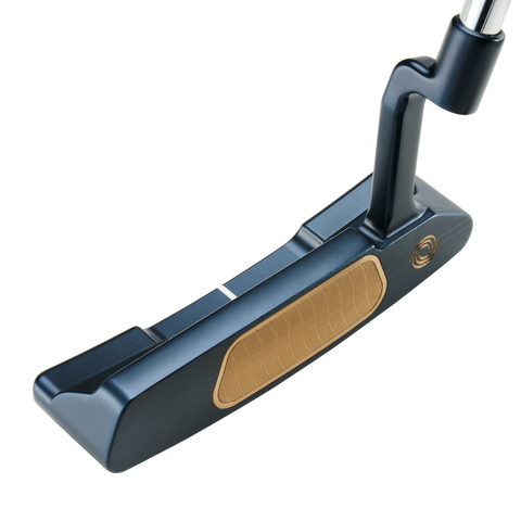 A close-up of the Odyssey Ai-ONE Milled Two-T CH Putter by Odyssey, featuring a dark metallic head, gold-colored face, and Dual Fang Design for increased forgiveness.