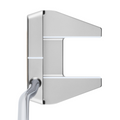 The Odyssey Ai-ONE Silver Milled Seven T DB Putter is a high-MOI mallet with a wide, angular head, cutout center, matte finish, modern design, and curved hosel connecting to the shaft.