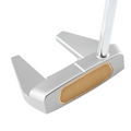 A close-up of the Odyssey Ai-ONE Silver Milled Seven T DB Putter by Odyssey, featuring a high-MOI mallet design with a wide, flat head, gold-colored face insert, and an angled shaft.