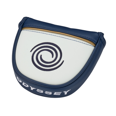 Protect your Odyssey Ai-ONE Silver Milled Seven T DB Putter with this blue and white headcover featuring a spiral logo and ODYSSEY stitched in white—ideal for high-MOI mallet putters.