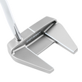 A close-up of the Odyssey Ai-ONE Silver Milled Seven T DB Putter, a high-MOI mallet with a modern angular head and metallic finish. The Odyssey brand name is engraved on the top.