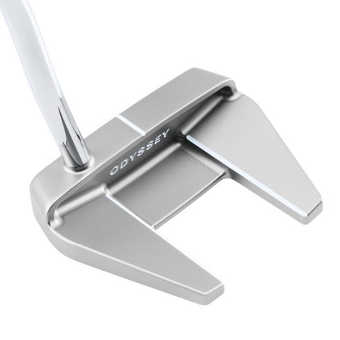 A close-up of the Odyssey Ai-ONE Silver Milled Seven T DB Putter, a high-MOI mallet with a modern angular head and metallic finish. The Odyssey brand name is engraved on the top.