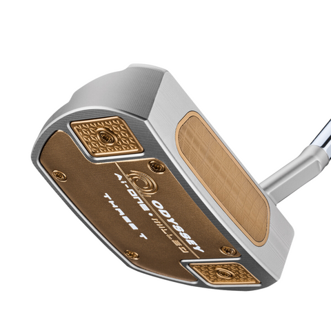 Close-up of the Odyssey Ai-ONE Silver Milled Three T S Putter by Odyssey, highlighting its silver and bronze finish, engraved patterns, polished details, and advanced AI-designed roll technology.